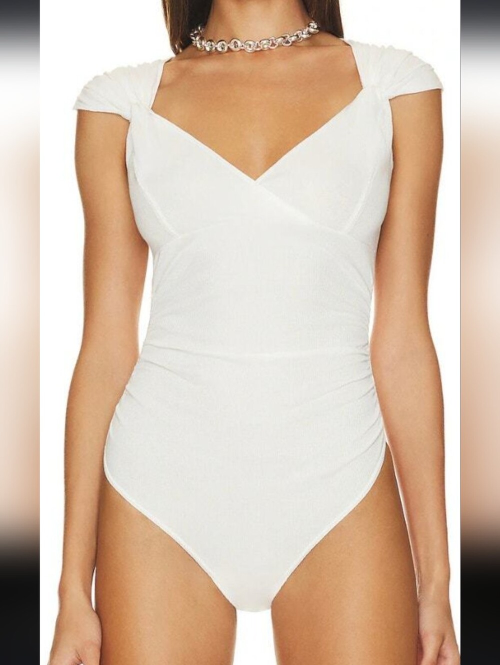 Free People White Ruched Cap-Sleeve One-Piece